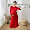 Autumn Winter Knitted Maternity Sweaters Chic Ins Elegant A Line Slim Dress Clothes for Pregnant Women Beading Ruffle Pregnancy 240219