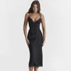 Grundlegende Freizeitkleider Mingmingxi Italienisches Spaghetti-Schultergurt-Midi-Partykleid aus schwarzem Satin, sexy Spitze, abnehmbar, eng an der Brust, lässig, Urlaub, Geburtstag, J240224