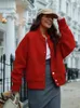 Fashion Red Stand Collar Long Sleeve Short Jacket Women Covered Button Loose Bomber Coats Spring High Street Outerwear 2024 240219