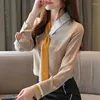 여성용 블라우스 Blusas Mujer de Moda 2024 TIE v-Neck Office Ladies Tops Long Sleeve Women Shirts Chiffon Blouse Womens and B911