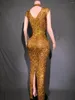 Scena noszona luksusowe złote dżerestony bez rękawów Długie sukienka Kobiety seksowna siatka See przez świętowanie wieczornego bal