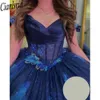 Azul marinho glitter cristal 3d flores vestido de baile quinceanera vestido fora do ombro pérolas miçangas espartilho vestidos de xv anos