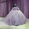Lilac Off The Shoulder Ribbons Bow Ball Gown Quinceanera Dress 3D Flowers Floral Sequined Lace Corset Vestidos De XV Anos