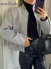 Aonibeier Grau Frauen Lose Bomber Jacke Onkogene Winter Lange Sleeve Zipper Kurz Mantel Übergroßen Weiblichen Crop Top Y2K Outwear 240219