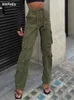 Femmes taille haute jambe large Baggy jean poche latérale Vintage Y2K Cargo pantalon petit ami pantalon ample Streetwear mode salopette 240219