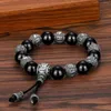 Strand Tibetan Ethnic Silver Color Buddha Bead Armband för män om Mani Padme Hum Lotus Shaped Vintage Nepal Obsidian smycken grossist