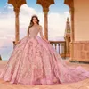 Różowy błyszcząca sukienka Quinceanera Princess Promowa sukienka Tiulle Złote aplikacje koronkowe koraliki Słodka 15 16 sukienka Vestidos de 15 anos