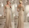 Vintage Champagne Mother of Bride Groom Dresses 3 4 Sleeve Sheer Neck Appliques Beads Chiffon Long Evening Occasion Gowns Formal For Women BC1525