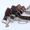 Feminino punk corrente moda cinto ajustável preto duplo único ilhó grommet fivela de couro belt300o