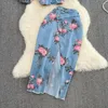 Work Dresses Denim Fashion Female Flower Print Chic Sexy Sling Crop Top High Waist Irregular Split Skirt Summer Lady Suit Women 2 Piece Set