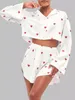 Vêtements de nuit pour femmes Restve Imprimer Pyjamas pour femmes 2 pièces Ensembles Lâche Manches longues Femme Costumes de nuit avec shorts Printemps Casual Homewear