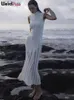 Garip Puss Kaburga Örme Kadınlar Maxi Elbise Yırtık Hem Sıska Esnek O Boyun Kolsuz Moda Sokak Giyim Bodycon Vestidos 240219