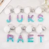 Keychains 1pc Pompom English Letter Keyring Purple Blue Color Harts Keychain with Puffer Ball 26 Words Handbag Charms