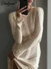 Basic Casual Dresses Dulzura Knitted Hooked O-Neck Stripe Long Flash Sleeves Maxi Dress Hook Flower Hollow 2023 Summer Womens Sexy Y2K Coat J240224