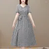 Party Dresses Elegant V-Neck Spliced Pockets Shirring Bandage Bow Plaid Midi Dress Women's Clothing 2024 Summer Asymmetrical Long