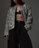 Metallic Silver Sequins Jacket Women Loose O Neck Long Sleeve Pocket Party Shiny Coat Autumn Winter Chic Lady Festival Outfits 240221