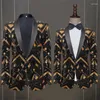 Costumes pour hommes Golden Black Sequin Blazer Performance Robe Hôte Discothèque Mariage Veste simple