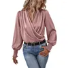 Kvinnors blusar Silkeslen texturblus Elegant V-ringning Lantern Sleeve Top Soft Stylish Holiday Casual Chic Shirt for Commuter Party