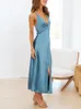 Casual Dresses Evening For Women 2024 Party Elegant Spaghetti Strap Satin Maxi V Neck Button Front Slits Backless Sexy Long