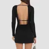 Casual Kleider Frauen Sexy Geraffte U-ausschnitt Schlank Party Kleid 2024 Frühling Solide Bodycon Hüften Herbst Langarm Backless Hohl mini