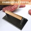 Presse à hamburgers rectangulaire ergonomique en fonte, avec manche en bois épais, pour BBQ, Steaks, Sandes, viandes, 240219