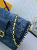 2024 Denim Blue Sand Wash Strap Vintage Casual Qualität Luxus Designer Modekette Echtes Leder Damen Totes 59631