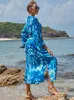 Damen-Badebekleidung, blau bedrucktes Kimono-Strandkleid, Sarongs, Vertuschung, Pareo-Tunika, Badeanzug, Saida de Praia, Bikini-Vertuschung, Q1169