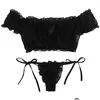 BHs Sets Damen Sexy Dessous Set Mesh Spitze Rüschen Niedlicher Punkt Transparenter BH und Höschen Wireless Thong Bandage Exotische Drop Lieferung A Dhzac