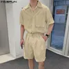INCERUN Men Sets Streetwear Summer Solid Lapel Short Sleeve Shirt Shorts With Belt 2PCS Korean Fashion Mens Suits S5XL 240220