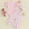 Ensembles de vêtements Bébé Fille Ensemble de Pâques à manches courtes barboteuse côtelée taille élastique pantalon évasé bandeau imprimé lapin enfant en bas âge 3 pièces tenues