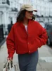 Fashion Red Stand Collar Long Sleeve Short Jacket Women Covered Button Loose Bomber Coats Spring High Street Outerwear 2024 240219