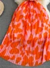 Podstawowe sukienki swobodne letnie damskie wydrukowane plisowana długa spódnica z retro marszczoną krawędzią stojącą kołnierz z krótkim rękawem sukienka wysoka talia maxi vesidos wome J240224