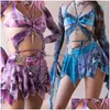 Vestido de dos piezas Tres mujeres Colorf Outfit Irregar 3 Conjunto a juego Manga larga Encogimiento de hombros Halter Cuello Crop Tops con mini falda Drop Deliv Dhstj