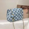 Denim diamond patterned chain bag with new high-end and niche design, canvas women's bag, single shoulder crossbody small square bag