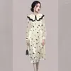 Casual Kleider 2024 Herbst Koreanische Mode Doppelschicht Puppe Kragen Schlank Rose Druck Kleid Frauen Stilvolle Elegante Swing A-linie