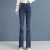 Pantalones vaqueros de mujer con diamantes de imitación cintura alta bolsillos acampanados pantalones azules acampanados para mujer diseñador de lujo R