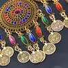 Conjuntos de joias afegãs indianas 3 peças, para mulheres, boho, étnicas, faixas de cabelo, colar, brincos, moedas, borlas, vintage, gota de cristal colorido 240220