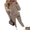 Pantalones de dos piezas para mujer Conjunto de PCS para mujer Sudadera elegante Pantalones de chándal Conjunto Bolsillos Suave Casual Color puro Drop Entrega Ropa Ropa DHTE