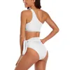 Maßgeschneiderter Damen-Bikini-Badeanzug, einschultriger, hoher Taillengurt mit gepolstertem, hochauflösendem Wärmeübertragungsdruck, Leopardenmuster, 86 % Polyester + 14 % Elastan, 235 g, Weiß