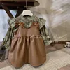 Girl Dresses Korean Style Spring Autumn Dress Long Sleeves Floral Stand Collar Doll Shirts Sleeveless Vest Artificial Leather H055