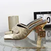 Slippers Luxury Gold Slide for Autumn 2023 A new special shaped high heel shoe with an open heel Rhinestone outer sandal J240224