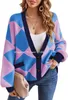 여자 스웨이터 여성 가디건 스웨터 체크 무늬 긴 소매 열린 앞면 버튼 다운 v- 넥 느슨한 니트 아웃웨어 코트