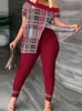 Plus size roupas casuais conjunto de duas peças das mulheres mais xadrez impressão um ombro leve estiramento superior leggings outfits 2 peça conjunto 240219