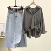 İş Elbiseleri Kadın Yaz Seti 2024 Sonbahar Uzun Kollu Dönüş Gömlek Yüksek Bel Yan Bölünmüş Denim Etek İki Parça Günlük Kıyafetler
