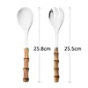 Spoons JANKNG 2/4Pcs Long Handle Serving Spoon Fork Wooden Salad Forks Stainless Steel Tableware Bamboo Cutlery