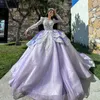 Luxe Lilas Violet Princesse Robe De Bal Quinceanera Robes Appliques Dentelle Strass De Luxe À Manches Longues Robes De 15 Anos