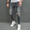 Herr jeans män hip hop speckle bläck tryckt rippad nödläge