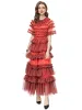 Summer Luxury Ladies High Quality Fashion Party Wine Red Cake Ruffle Runway Pretty Birthday Ruffle Celebrity Classic Chic Tiered Mesh Long Dress