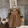 Girl Dresses Korean Style Spring Autumn Dress Long Sleeves Floral Stand Collar Doll Shirts Sleeveless Vest Artificial Leather H055