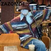 Zazomde kış gökkuşağı renk kontrast jumper büyük boyutlu hırka kazak triko erkekler gevşek cadde çifti çifte sweater ceket 240219